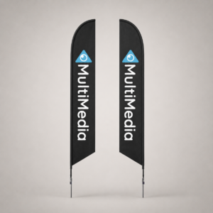 Two black vertical banners with the word Multimedia in white and a blue triangle logo at the top, standing on poles.