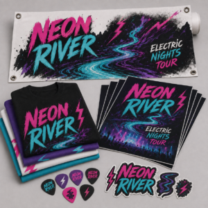 Band Merch Package - View 360 Print Merchandise display for Neon River's Electric Nights Tour: neon logo banner, stacked tees, posters, guitar picks, and stickers with electric-night artwork.