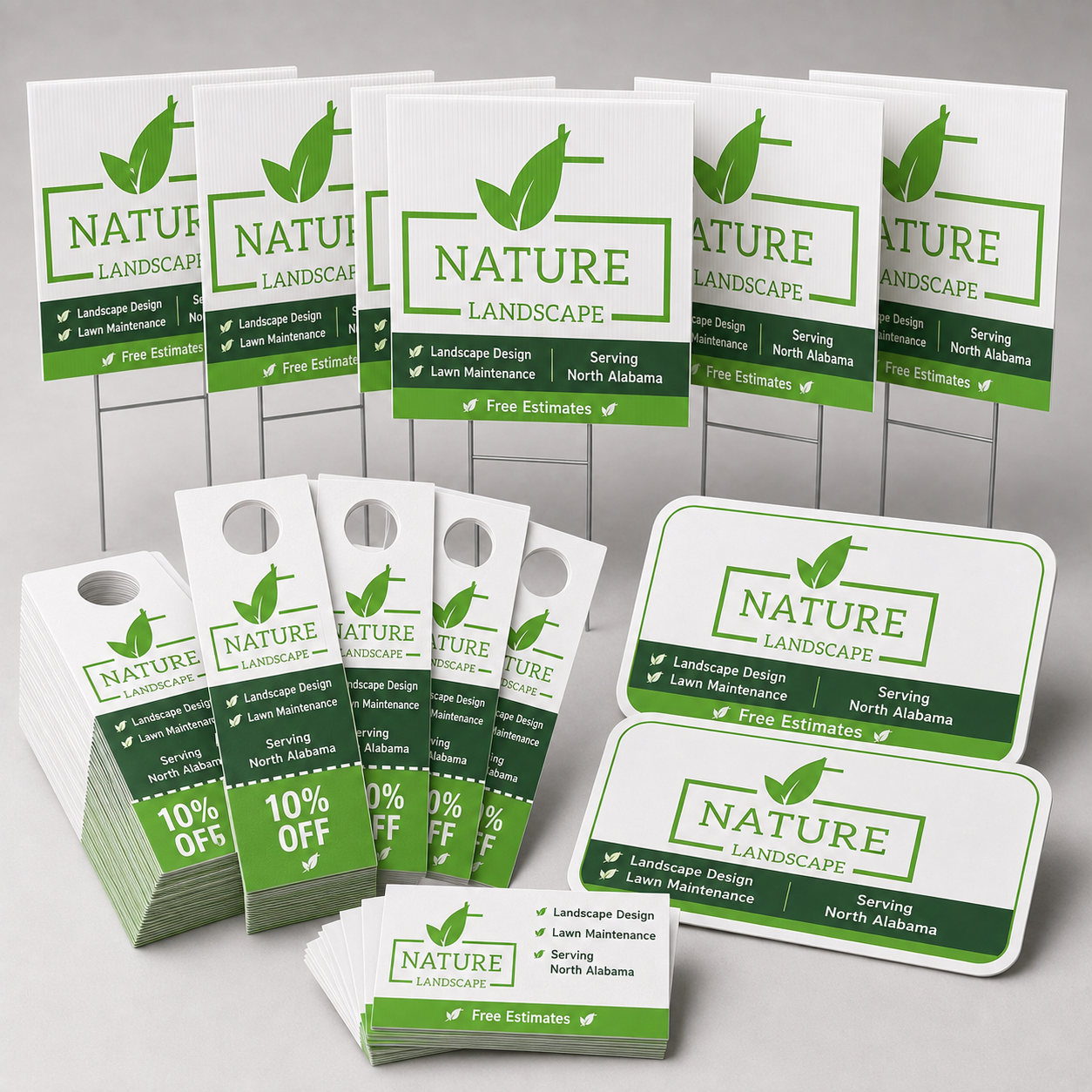 Local Home Service Visibility Package - View 360 Print Promotional display for Nature Landscape with green-and-white signs, flyers, and business cards offering landscape design and lawn maintenance. Includes ‘Free Estimates’ and North Alabama service.