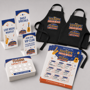 Restaurant_Growth_Package - View 360 Print Promotional display for FloBama Music Hall with black tote bags and various Handy Music Fest flyers and loyalty cardsed promotional items.