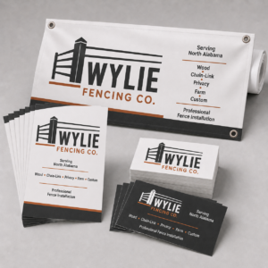 SmallBusinessPackage - View 360 Print Brand identity for Wylie Fencing Co.: white banner and business cards featuring a black-and-orange logo and bold typography.